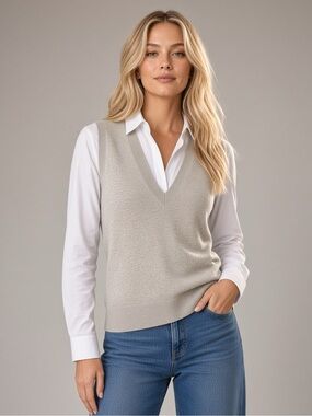 Gap 2006 Cotton Cashmere Long V-Neck Sleeveless Knit Sweater Vest Light Gray S